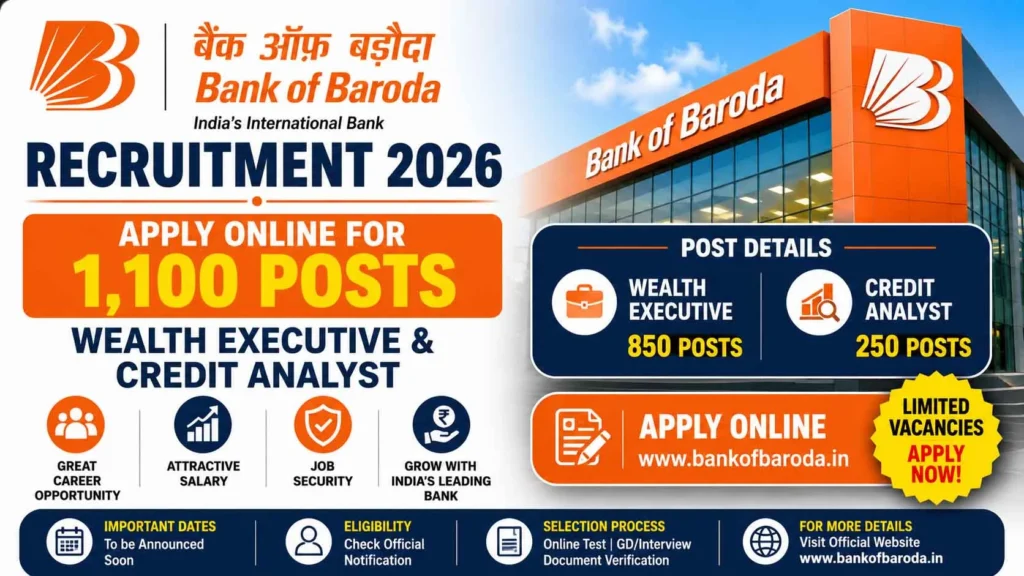 Bank of Baroda Recruitment 2026: Apply online for 1,100 Wealth Executive & Credit Analyst posts. Check eligibility, age limit, application dates, selection process, salary, and other details.