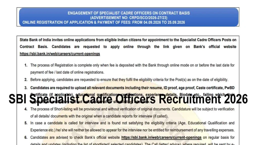 SBI Specialist Cadre Officers Recruitment 2026 for 208 posts. Check eligibility, age limit, salary, selection process, important dates and apply online