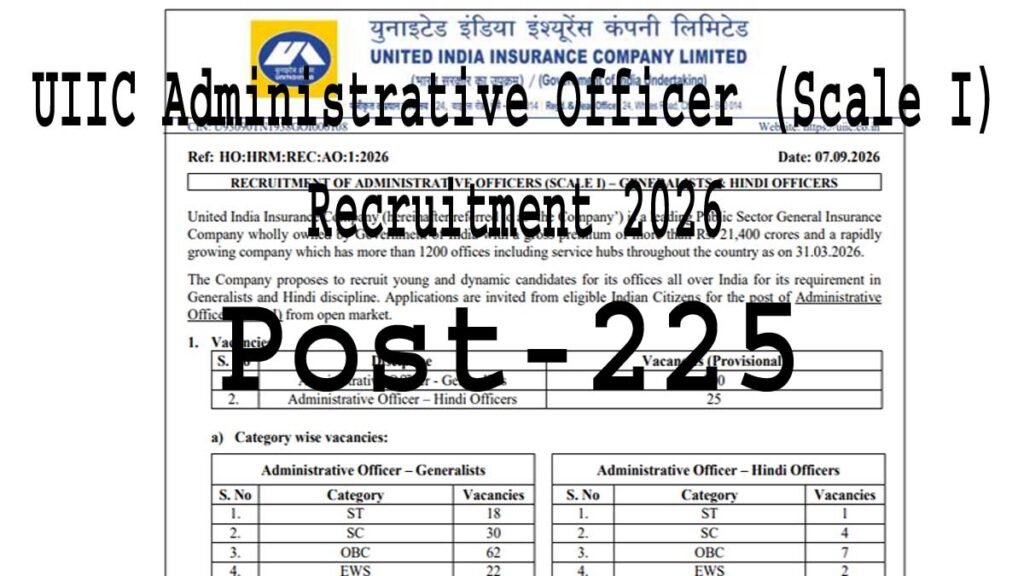 UIIC Administrative Officer (Scale I) Recruitment 2026: Apply Online for 225 Generalist & Hindi Officer Posts